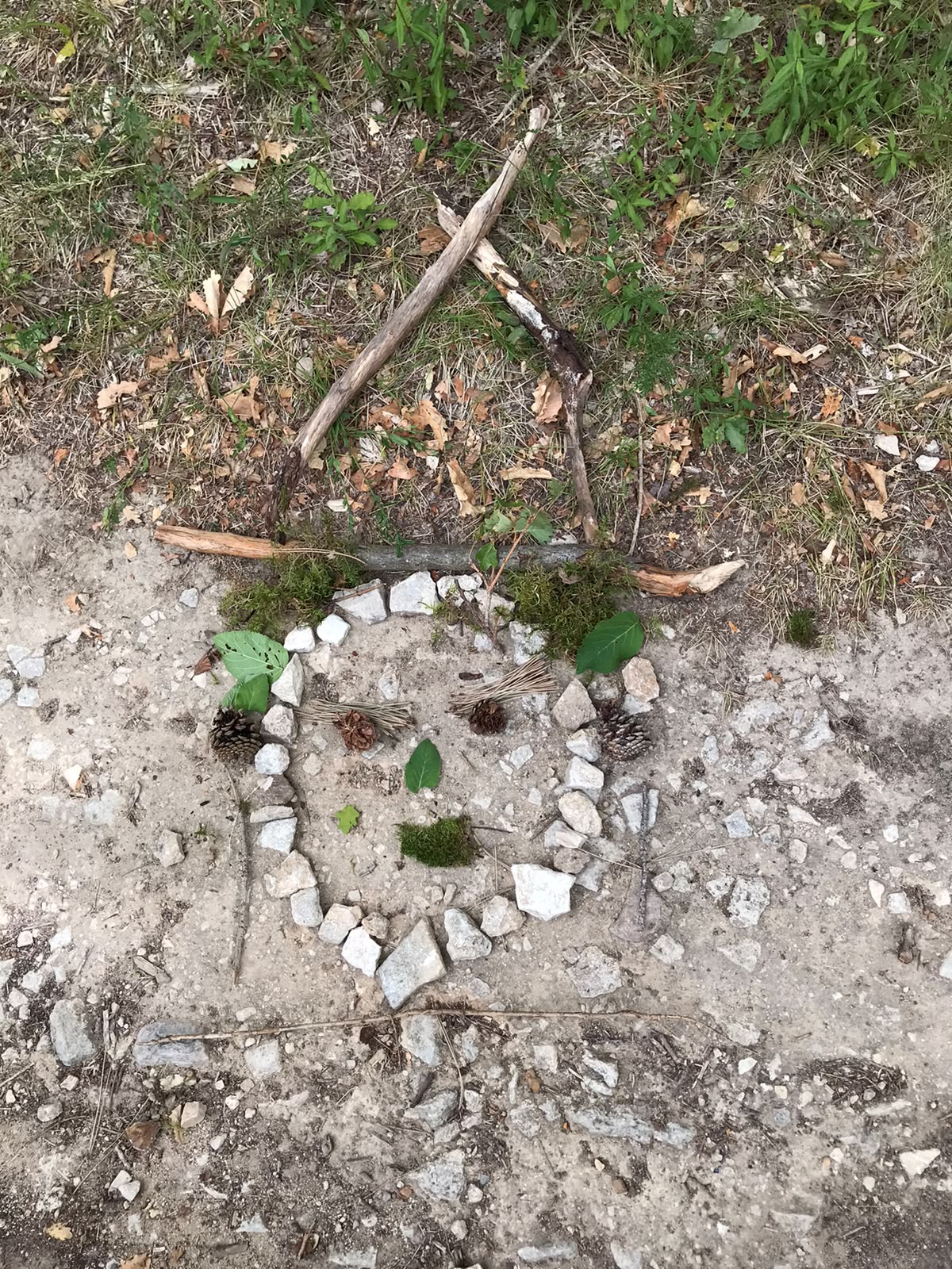 Des enfants ont créé un visage souriant à partir d'éléments naturels, tels que des morceaux de bois, des feuilles, des brindilles et de la mousse, lors d'une activité du Club Nature.